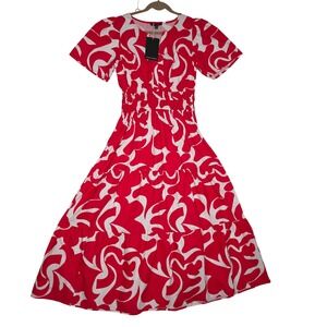 Meadow Rhodes NWT Red White Abstract Print Smocked Waist Tiered Midi Dress Sz M